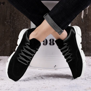 

SUROM 2019 Winter New Men's Casual Shoes Plush Lightweight Sneakers Male Leather Fashion Flats Lace up Warm Cotton Shoes