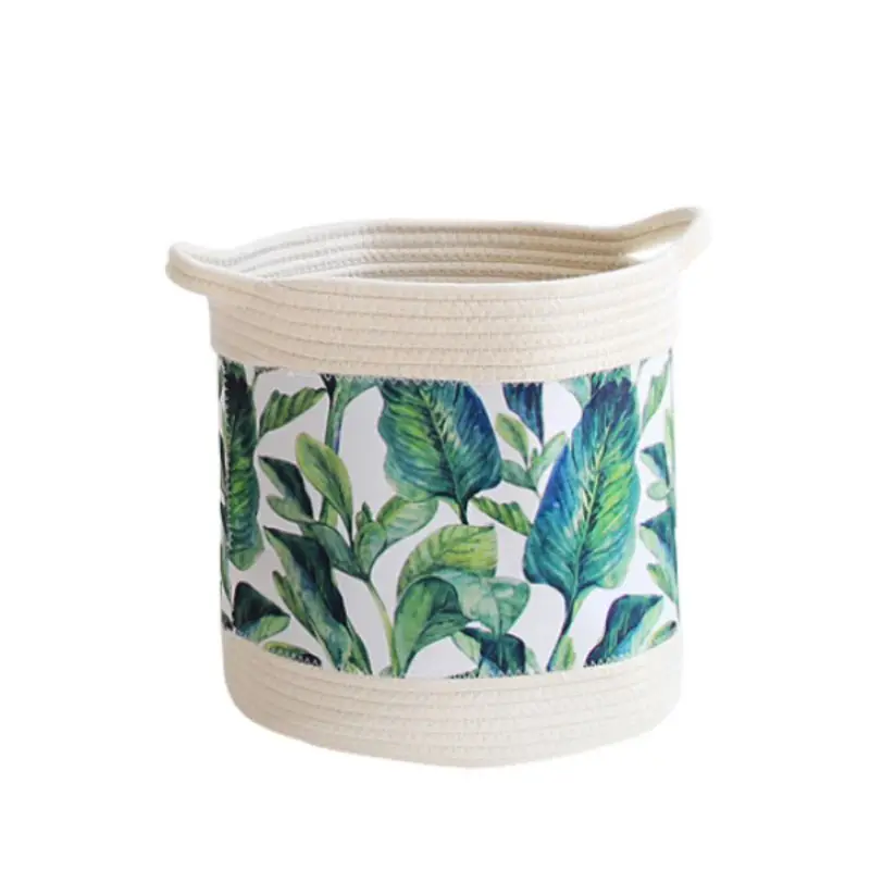 

Simple Style Leaf Pattern Handmade Literary Cotton Rope Storing Boxs Household Storage Basket
