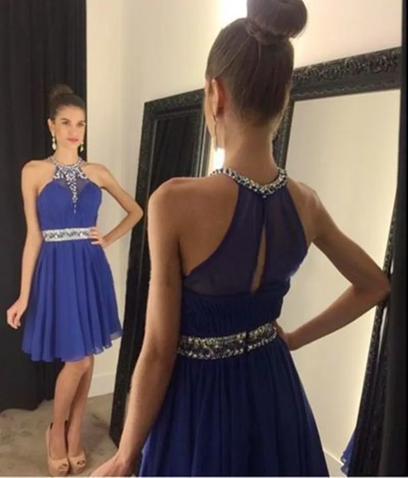 

New Arrival Short Halter A-Line Homecoming Dresses with Beads Crystal Prom Graduation Dress