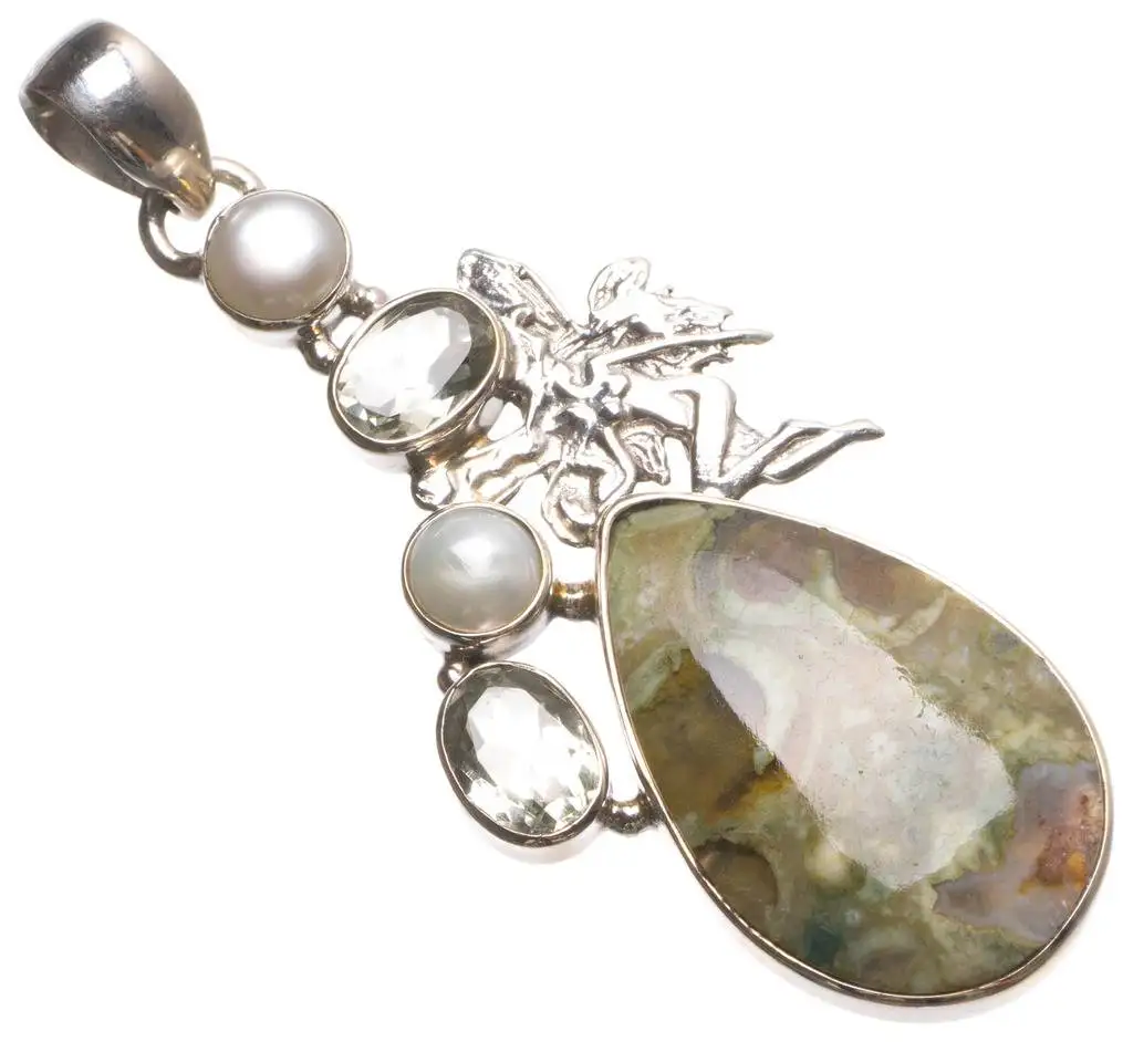 

Natural Ocean Jasper,Green Amethyst River Pearl Handmade Vintage 925 Sterling Silver Pendant 2 1/2" U0235