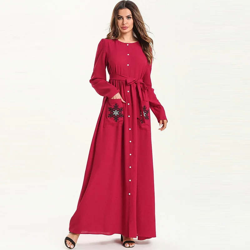 

Middle East fashion button cardigan thin dress Muslim women's robes fold long sleeve embroidery slim slimming dress