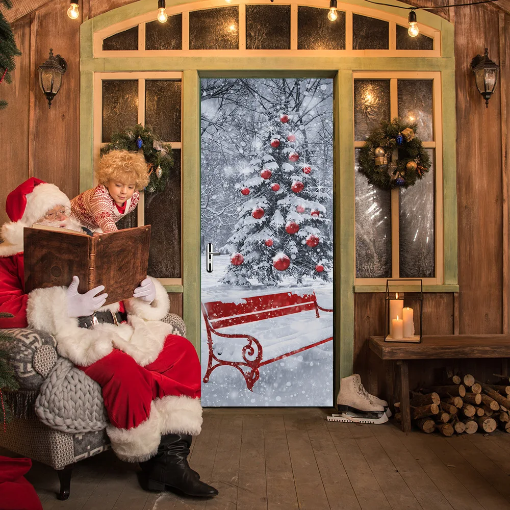 Заснеженная рождественская ёлка красная скамейка фестиваль декоративные стикеры на окна стены двери стикер витрина магазина/двери стекла стикер s
