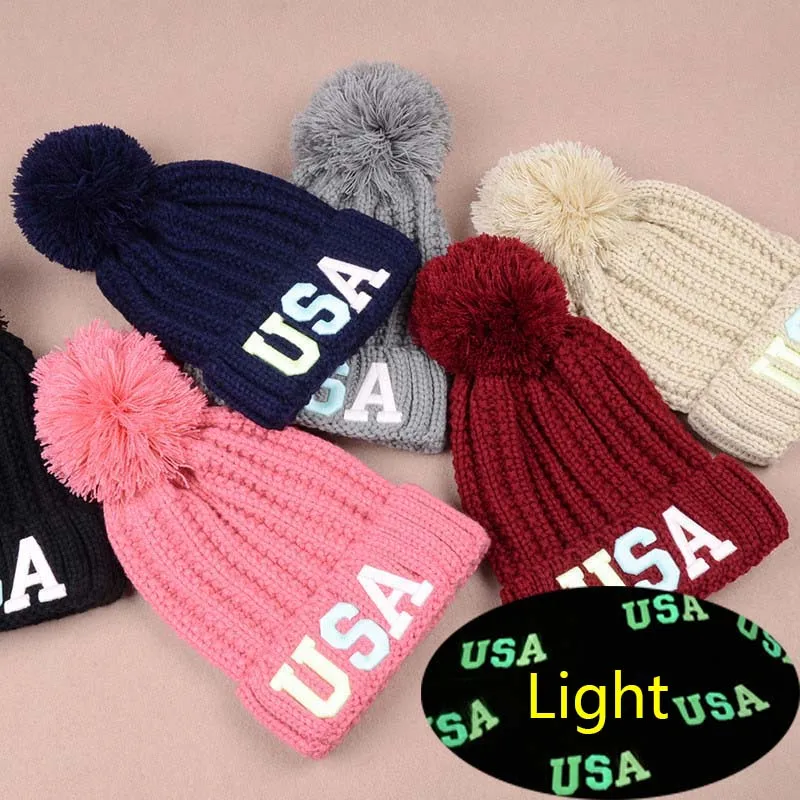 

2016 Girls Hats For Women Bonnet With Pom Pom New Winter Print Letters USA Luminous Wool Cotton Knitted Baggy Caps Beanie