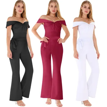 

Sexy Off The Shoulder Strapless Jumpsuit Romper Women Summer High Waist Slim Boot Cut Trousers Solid Long Playsuit 2019