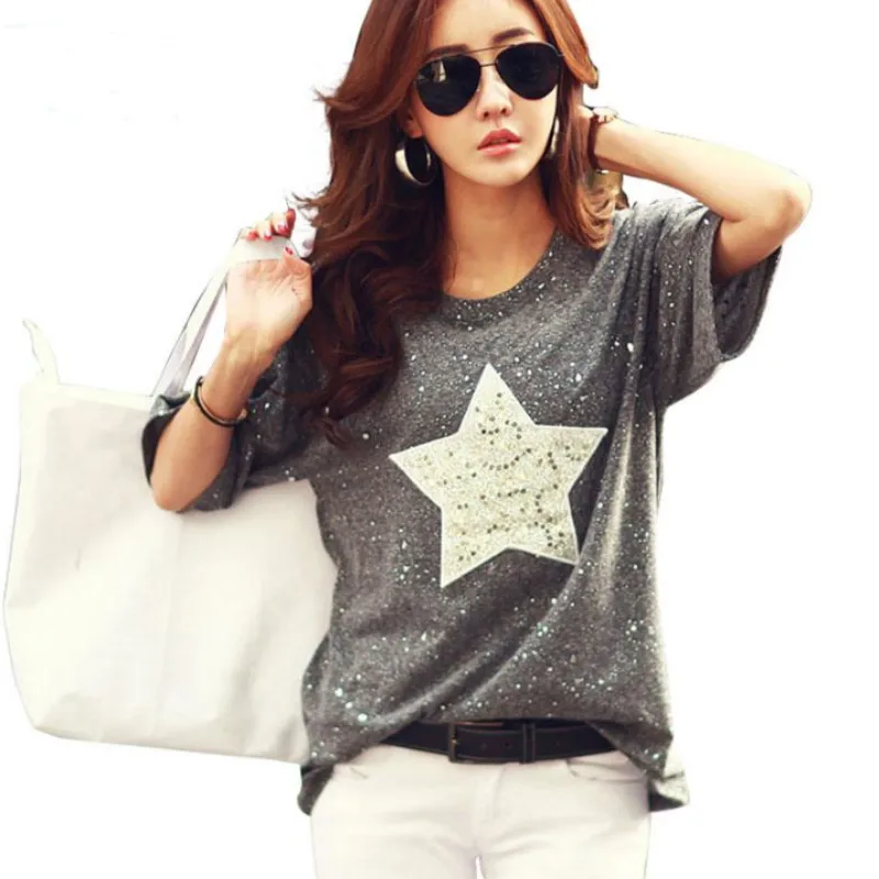 2018 nueva camiseta de Moda Para Mujer Tops de manga corta cuello redondo de algodón Camisetas estrella Polka Dot estampado verano strass Camisetas Mujer