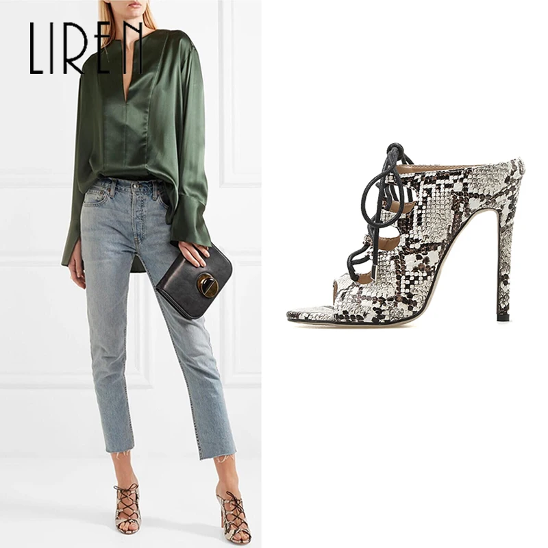 

Liren 2019 Summer Snake Print Thin High Heels Sandals Hollow Out Cross Strap Peep Toe Outdoor Pumps Size 40
