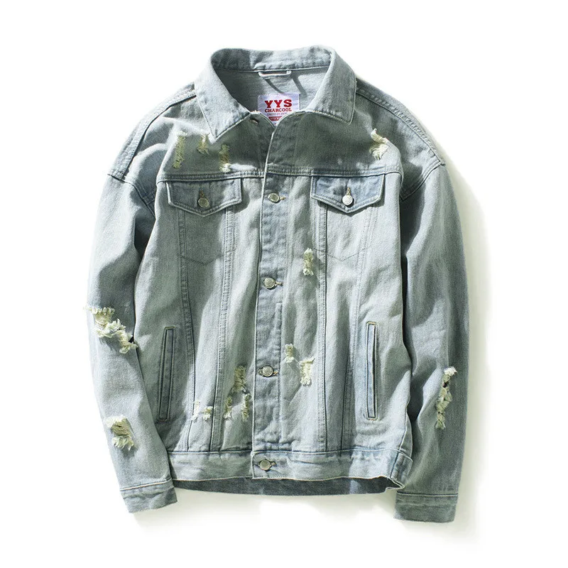 

MORUANCLE Fashion Mens Hi Street Ripped Denim Jackets With Holes Man Streetwear Distressed Jeans Jacket Outerwear Back Patchwork