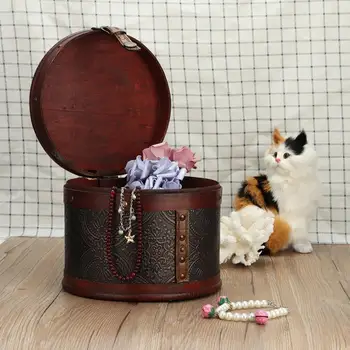 

Vintage Round Desktop Tea Cake Organizer Wooden Storage Box Jewelry Container Jewelry Storage Box Holder Case Casket