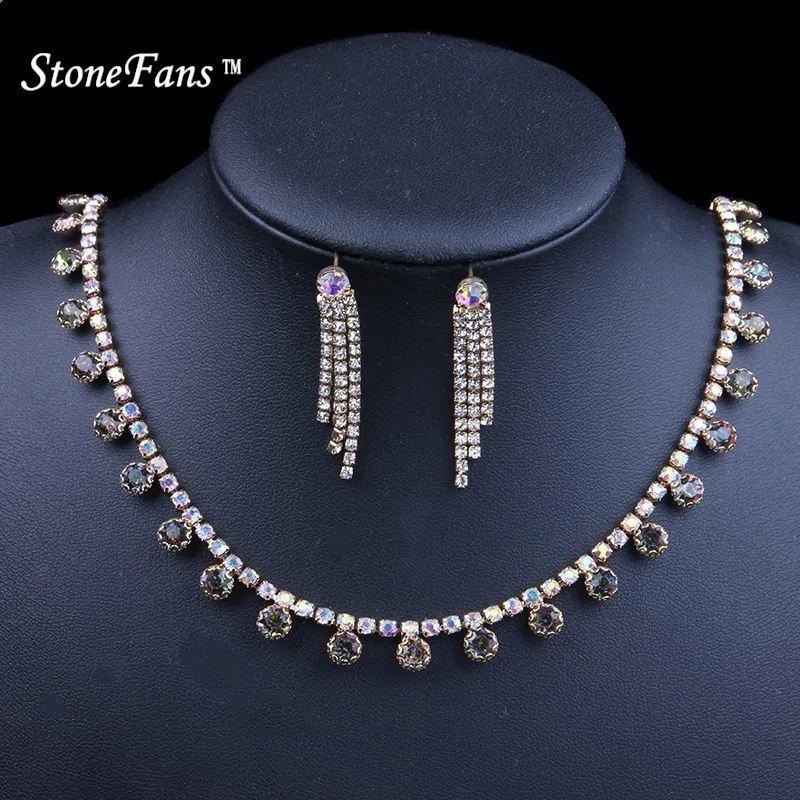 StoneFans кристалл свадебное ожерелье набор простая цепочка Стразы Свадебное Ожерелье Комплект сережек для женщин Золотой набор Свадебные ювелирные изделия