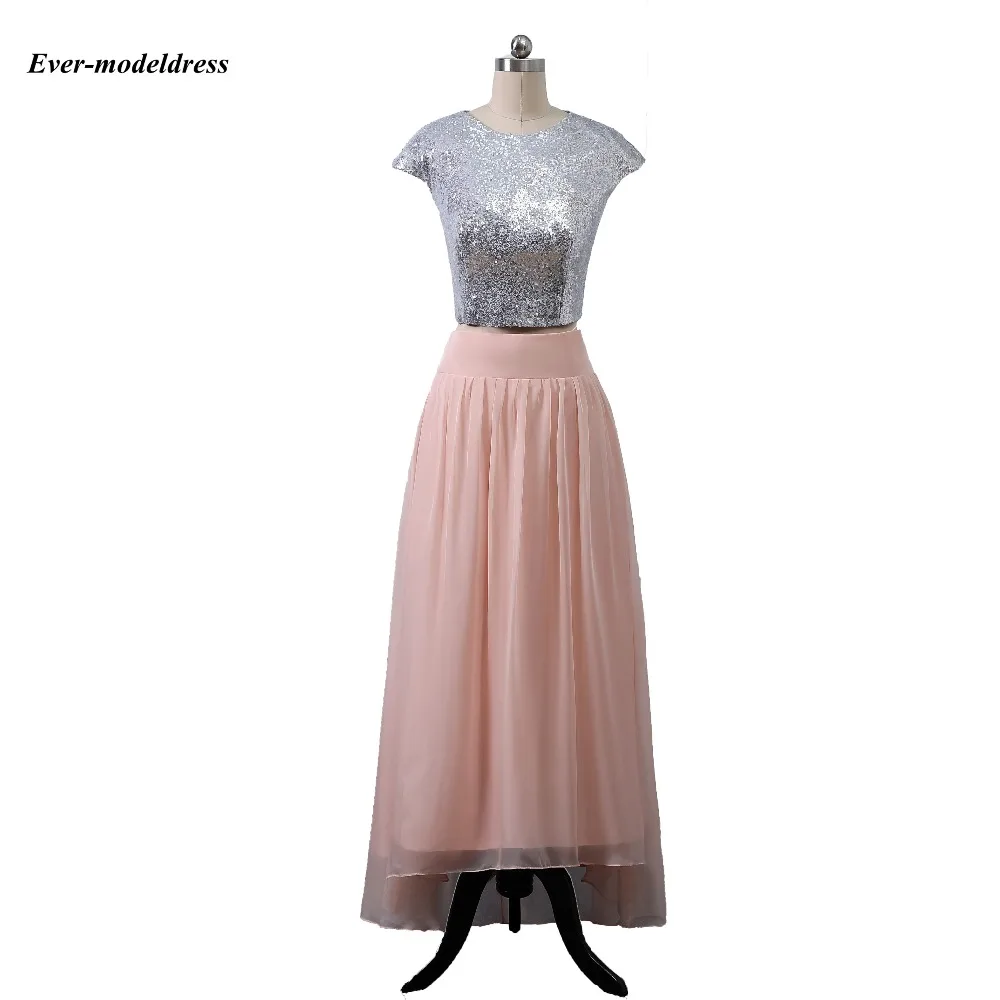 

Ever-modeldress Two Pieces Blush Bridesmaid Dresses Jewel Cap Sleeve A Line High Low Beach Wedding Guest Prom Party Gowns Cheap