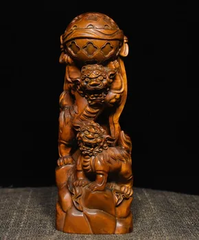 

wedding decoration 7" Folk Collect Boxwood wood carve Two Lions dance sphere animal Beast Statue