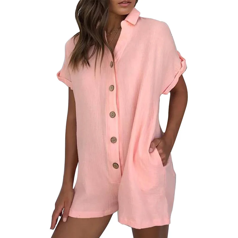 

Summer Cotton Linen Cozy Playsuit Women Short Sleeve Button Rompers Casual Pockets Solid Playsuit Loose Wide Leg Sexy Jumpsuit