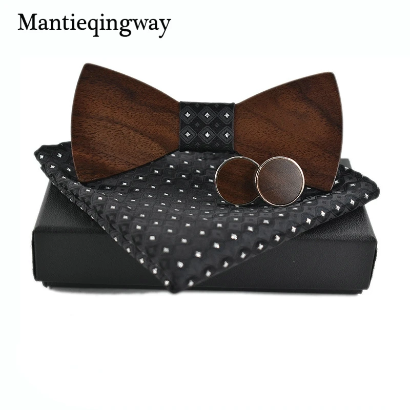  Polyester Business Wooden Tie Set For Men Handkerchiefs Cuff Links Handmade Wood Bowtie Set Plaid N