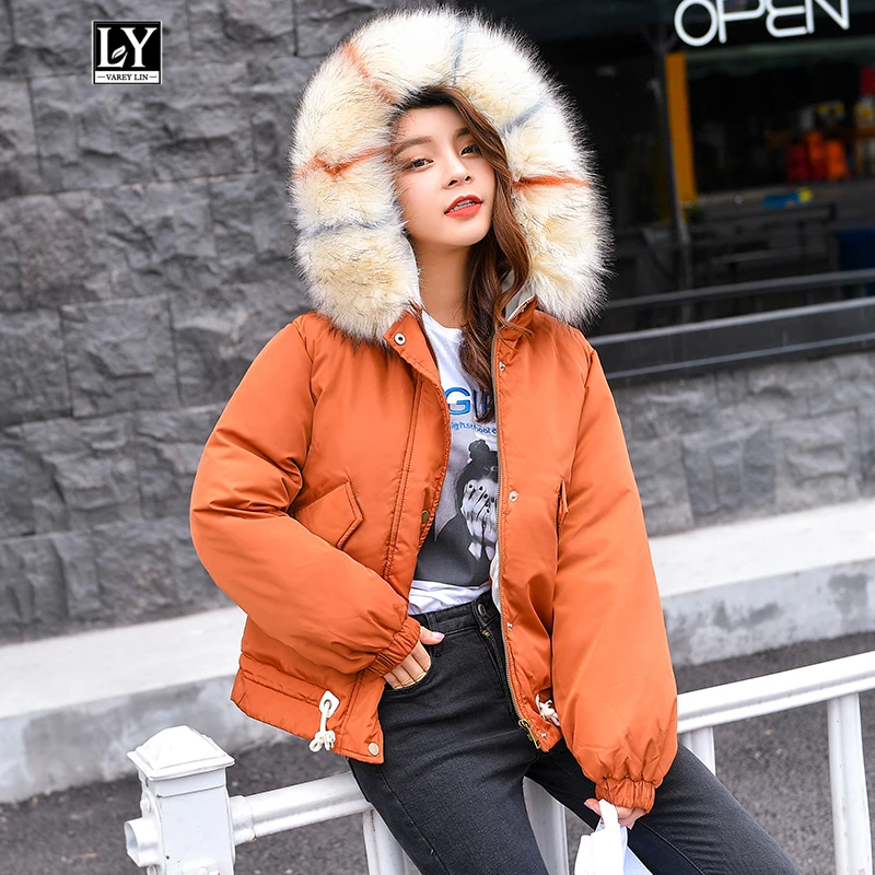 

Ly Varey Lin Winter Hooded Down Cotton Short Jacket Women Parkas Letter Print Female Large Faux Fur Collar Cotton Padded Outwear