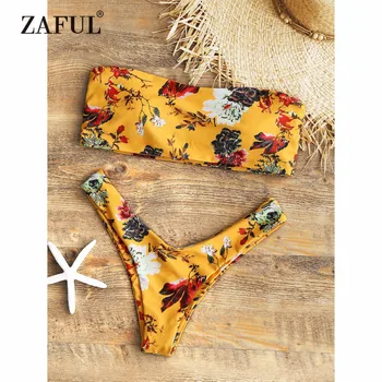 

ZAFUL Bikini Mustard Floral Bandeau Thong Bikini Set Padded Women's Swimsuit Two Piece Swimwear Strapless Sexy Low Waist Biquni