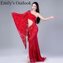 Новое сексуальное цельнокроеное кружевное платье, танцевальный костюм с открытыми плечами, длинная юбка с вуалью, одежда для выступлений, красный, королевский синий цвет