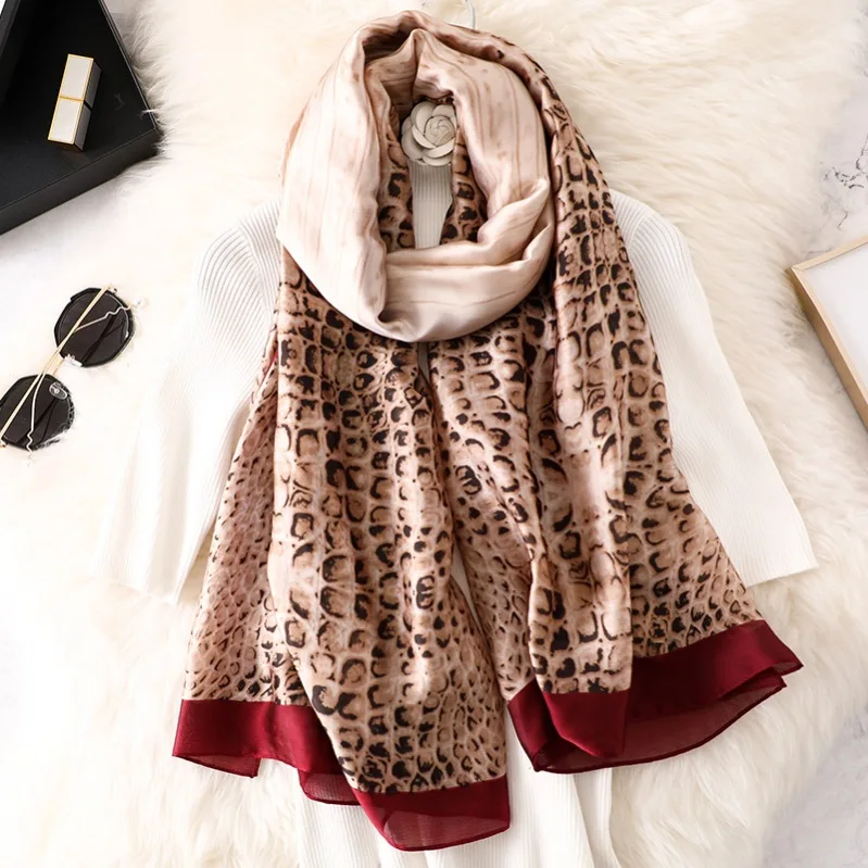 

women silk scarves female chiffon fashion wrap ladies Leopard Print shawl Sunscreen Beach Scarf foulard pareo muffler bandanna