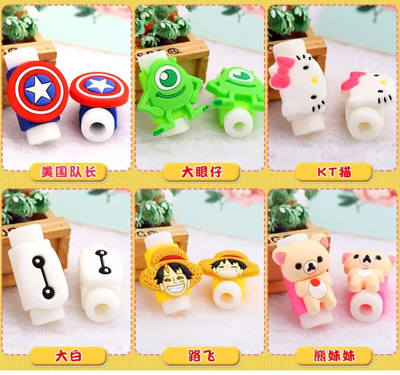 12pcs/6 pairs Universal Cartoon USB Charger Cable Winder Earphone Cable Cord Protector Cable Bite For iPhone Samsung Cell Phone