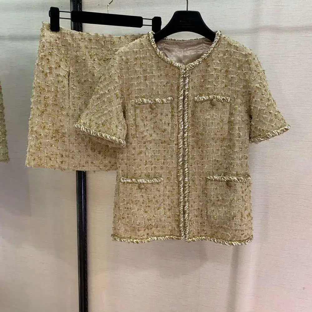 

Free shipping High quality Women's Sets 2019 Spring Summer Runway Fashion 2 Piece Set Women silk lining Jacket and Mini Skirt