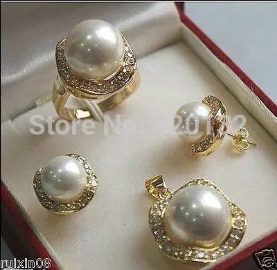 

charming Jewellery white seashell pearl pendant Necklace earrings 18K GP gold plated Hook free shipping