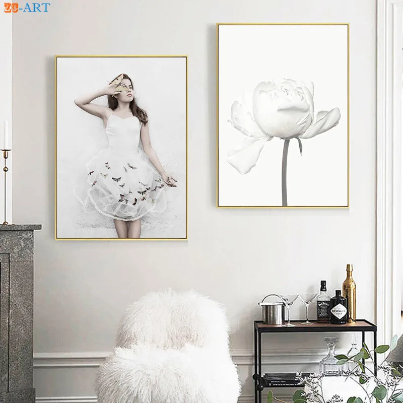 

Lovely Girl Print White Peony Flowers Poster Modern Wall Art Pastel Canvas Painting Living Room Home Decor