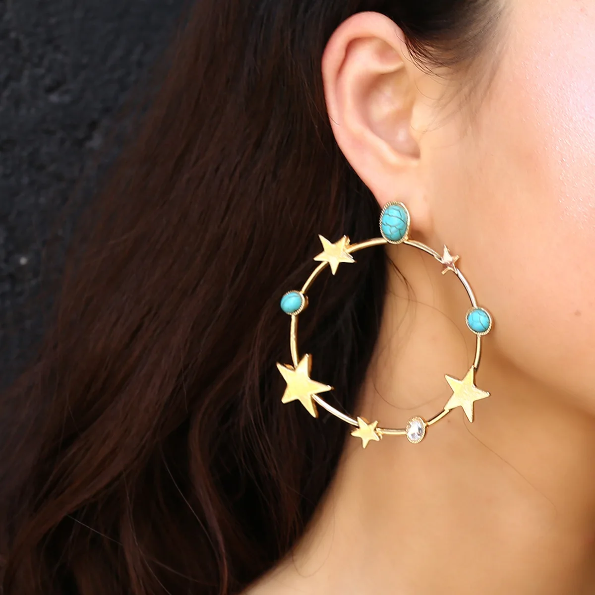 

Anise Fashion Blue Stone Star Big Circle Dangle Earrings for Women Gold Silver Color Geometric Round Drop Earings Charm Jewelry