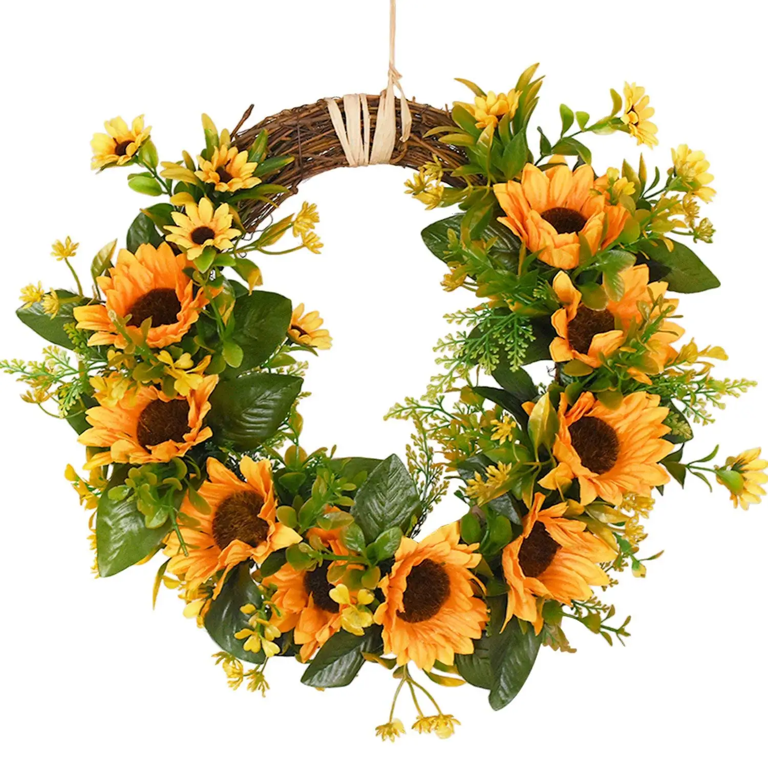 Искусственный венок из подсолнухов, цветочный венок с желтым подсолнухом и зелеными листьями для входной двери, внутренней или наружной стены, свадьбы