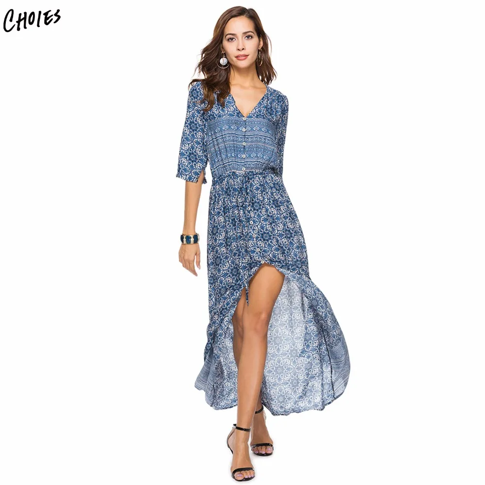 Blue V neck Thigh Split Print Detail Maxi Dress Women Half Sleeve
