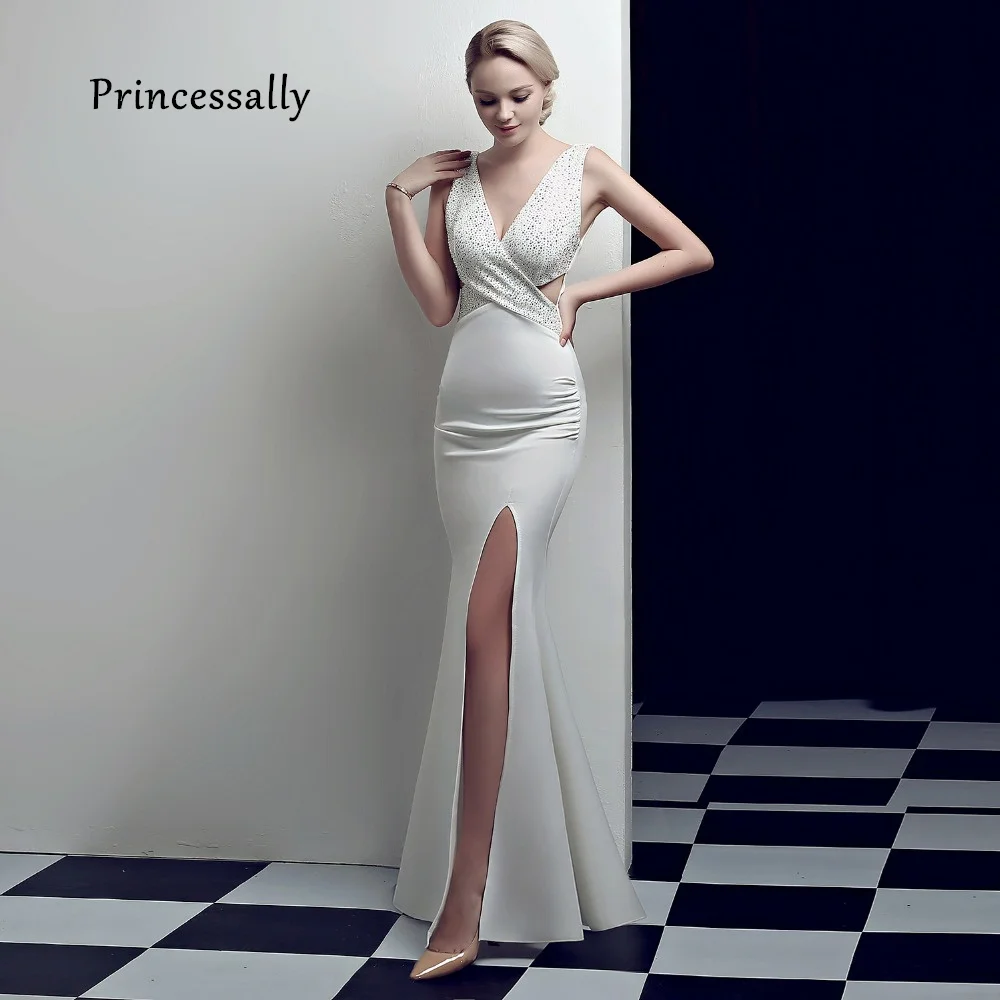 

New White Evening Gown Mermaid Long Sexy V neck Split Slit Formal Dress Women Elegant vestido longo festa ladies long gowns