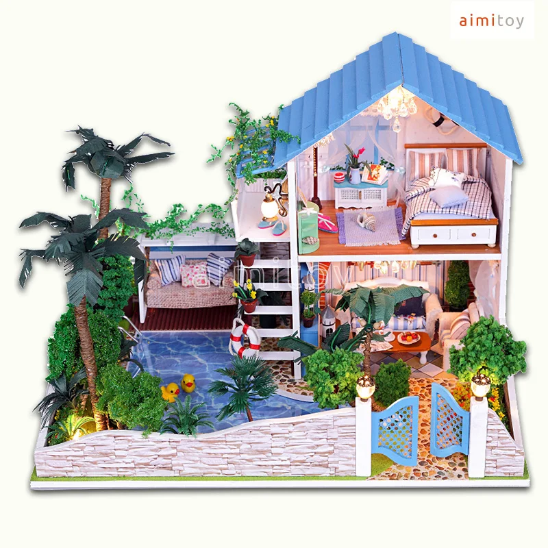 A50 Big Wood Doll House, Blue Garden House w/ Swimming Pool, Palm Tree