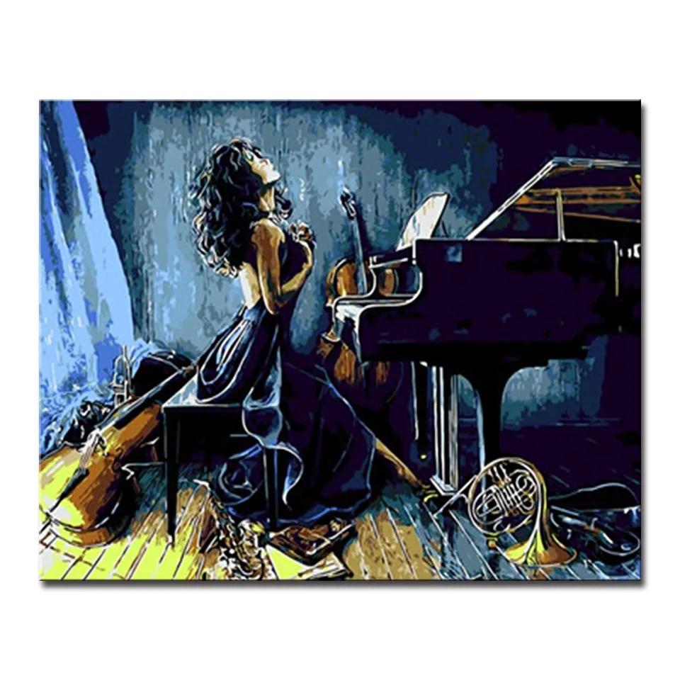 

Framed DIY Oil Painting By Numbers HandPainted Indulge In Music World Woman Canvas Pictures Coloring Living Room Decor Wall Art