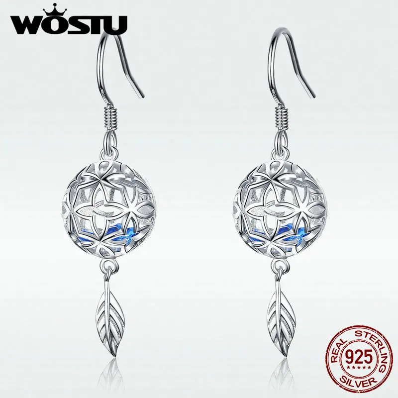 

WOSTU TrenBL 925 Sterling Silver Flower Leaf Ball Hoop Earrings Blue Zircon Earrings For Women Wedding Silver 925 Jewelry BKE573