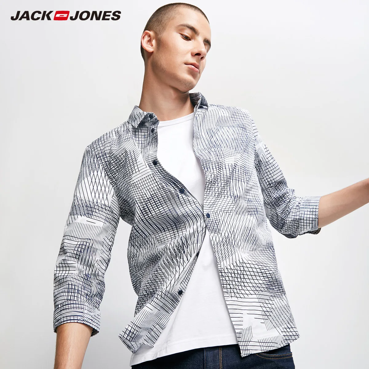 Jack Jones Весна Лето Мужская рубашка из хлопка с заостренным воротником 3/4 рукавами | 217131507 - Цвет: BLANC DE BLANC