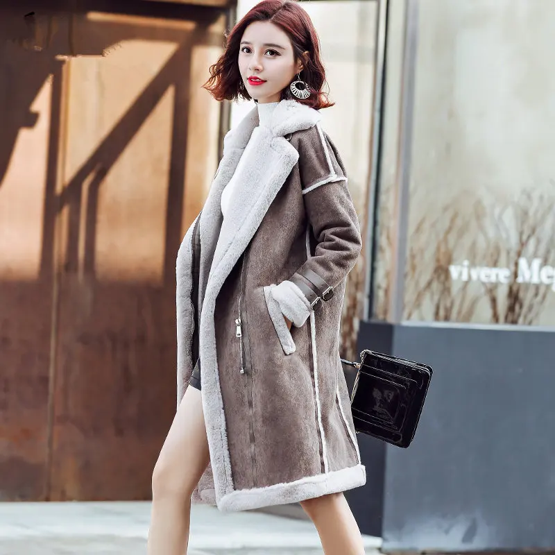 

Fashion Deerskin Winter Coat Women Long Fur One Locomotive Lamb Thick Cotton Padded Loose Suede Femme Warm Wild Coat MZ3072