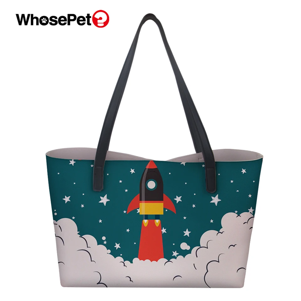 

WHOSEPET Ladies Top-handle Bags Cartoon Rockets and Space Prints Pattern Girls Luxury Travel Totes Bags Female PU Girls Handbags