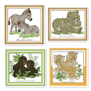 

Animal Series Cross Stitch Kit, Gorilla Baby Little Grizzly Baby Zebra Bobcats Little Embroidery Needlework Hand Embroidery