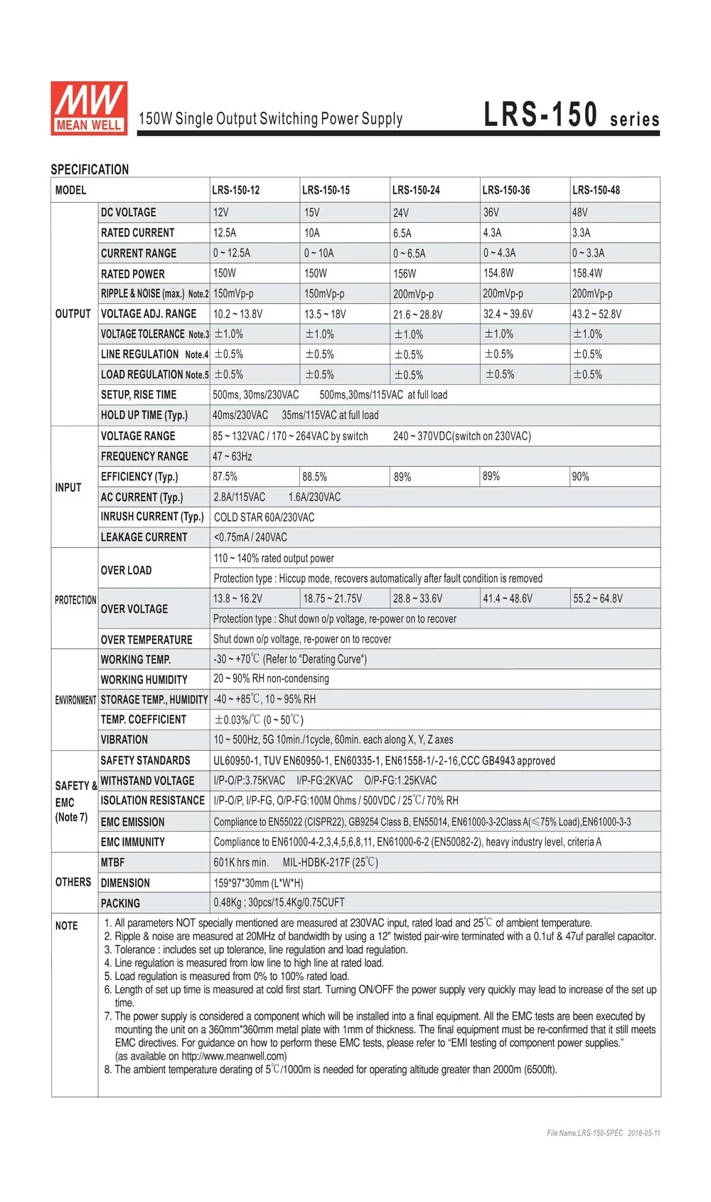 Бренд MEAN WELL представляет Питание LRS-150 12V 15V 24V 36V 48V 150W AC85-265V переменного/постоянного тока, Производство Китая SMPS, Напряжение трансформатор для Светодиодные ленты CCTV