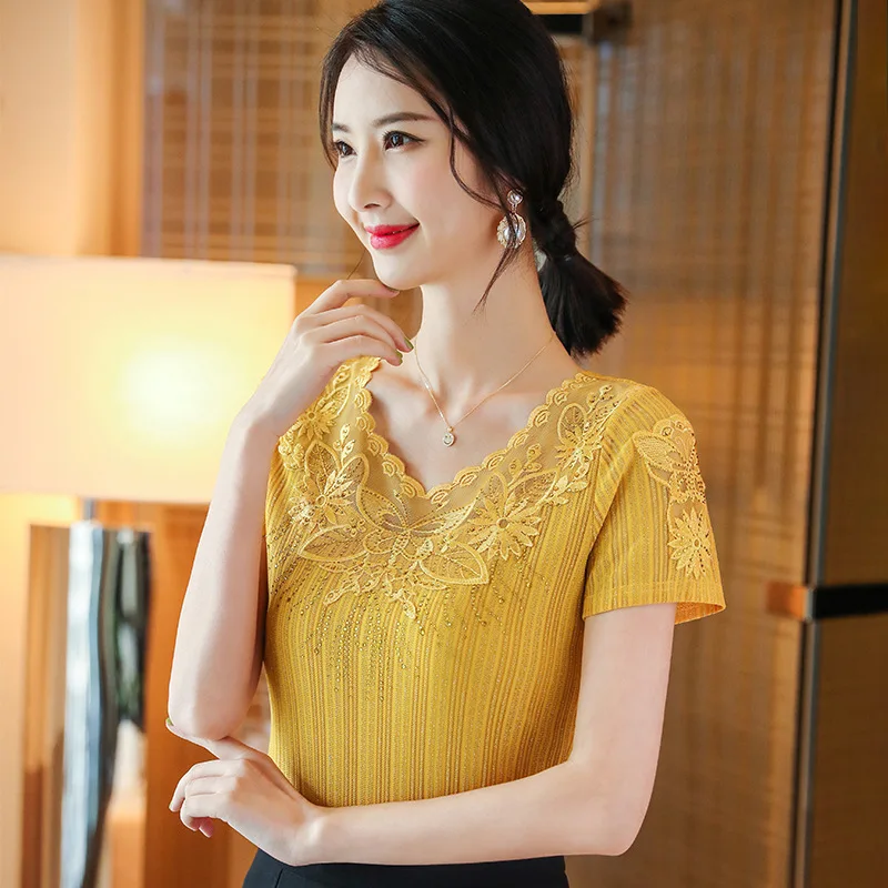 Женская кружевная блузка размера плюс 4 летняя с коротким рукавом элегантная