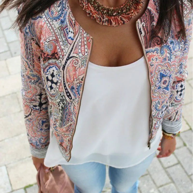Promo  Fashion Winter Women Print Jacket Tops Casual Outwear Zipper Long Sleeve Coat Jackets