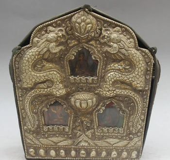 

USPS to USA S2222 9" Old Tibet Buddhism Copper Silk Two Dragon Shakyamuni Buddha Ghau Shrine Box