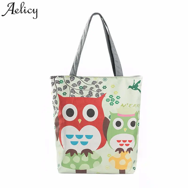 

Aelicy luxury Cartoon Owl Printed Shoulder Bag Women Large Capacity Female Shopping Bag Canvas Handbag Beach Bags Women Summer