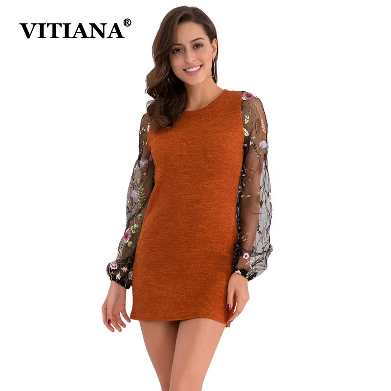 VITIANA Women Knitted Sweater Mini Dress Female Autumn Lace Long Sleeve Fitness Bodycon Slim Elegant Short