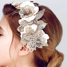 SLBRIDAL, ручная работа, кружевной цветок, золотой лист, свадебная повязка на голову, тиара, повязка на голову, свадебный головной убор, аксессуары для волос, женские Украшения для волос
