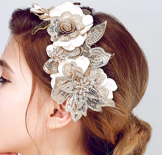 Цена SLBRIDAL ручной работы кружевное платье с цветочным рисунком Gold Leaf Свадьба ободок Тиара повязка свадебный головной убор аксессуары для волос Д...