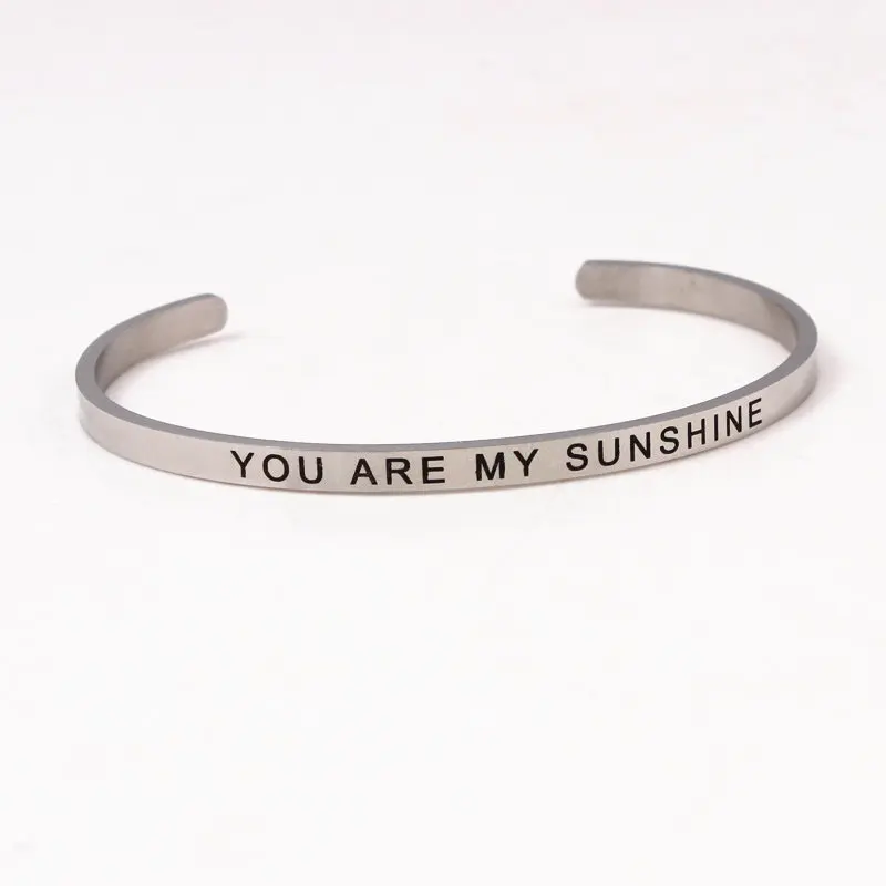 

YOU ARE MY SUNSHINE"Engraved Positive Inspirational Quote Cuff Bracelet Mantra Bracelet Stainless Steel ID Bangle for Women