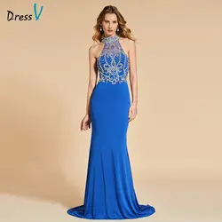 DressV темно-Королевский синий цвет бисером Труба Длинные вечернее платье элегантные Свадебная вечеринка торжественное платье Кристалл