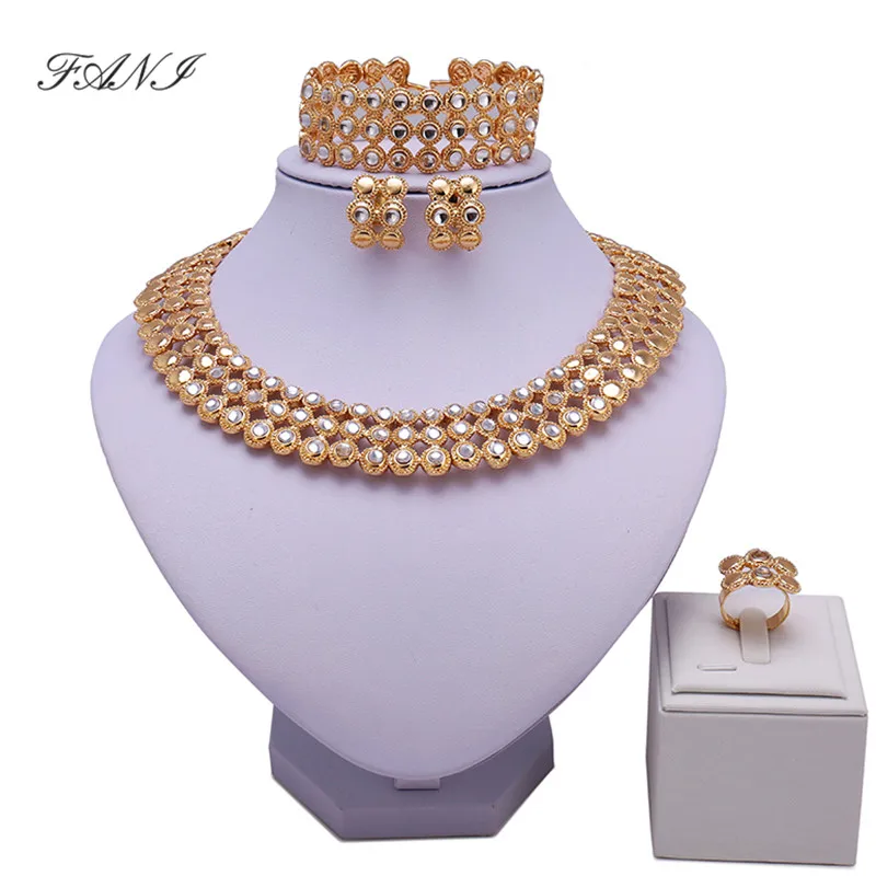 

Fani Bridal Gift Nigerian Wedding Fashion African Beads Jewelry Set women customer Dubai Gold-color crystal jewelry set Brand