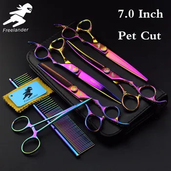 

7 "Professional pet grooming kit, direct and thinning scissors and curved pieces 4 pieces. ,technicolor
