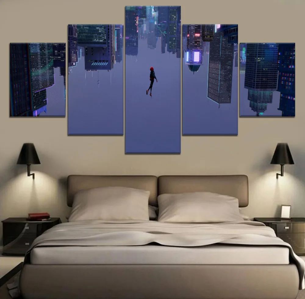 

HD Print Wall Art 5 Pieces Movie Spider Man Into the Spider Verse Home Decor Boys Bedroom Painting Modular Poster Modern Frame