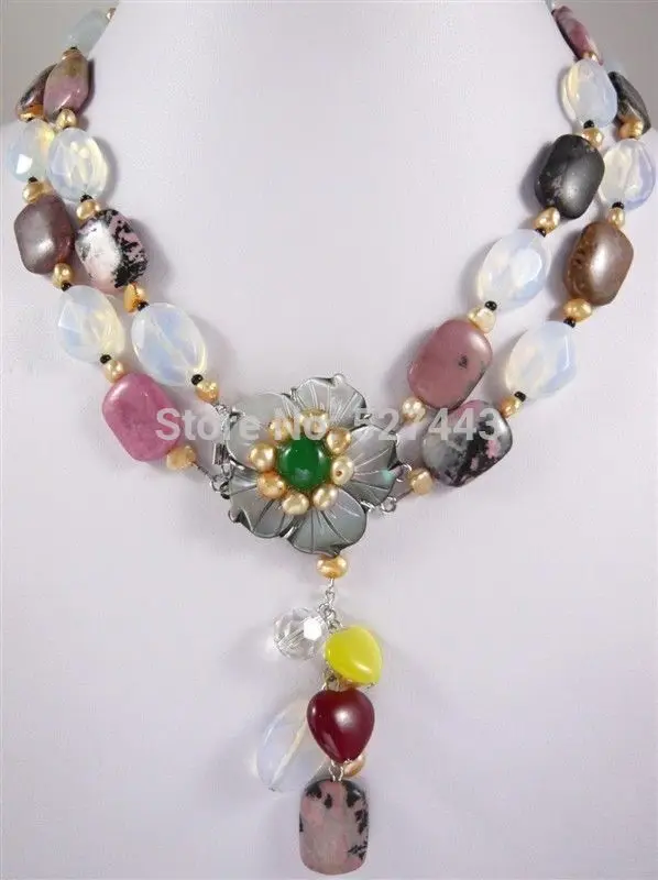 

Wholesale A1219-17 Charming! 2Strands Pink Pearl&Faceted Moonstone&Ruby Necklace
